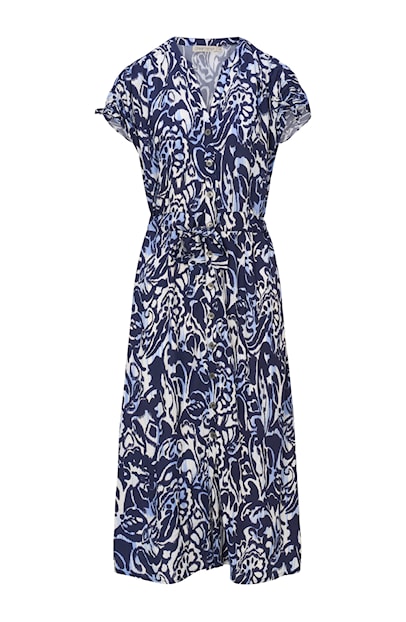 Dreamstar Ayanna doorknoopjurk in blauw-witte indigo mix print met kapmouwen en striklint