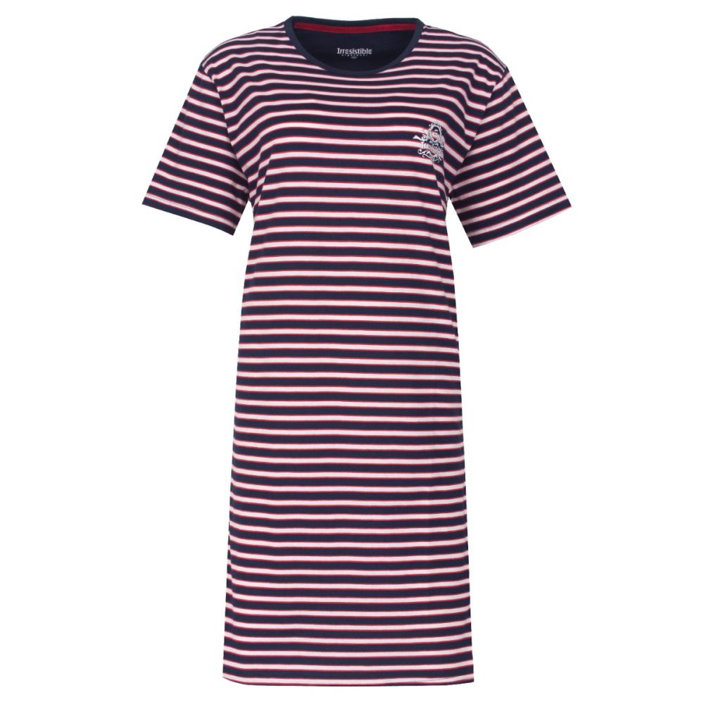 Irresistible dames nachthemd in donkerblauw met strepen, korte mouwen en ronde hals