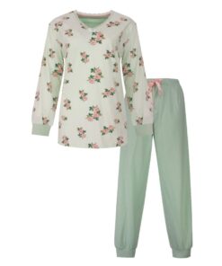 Tenderness dames zomer pyjama in mintgroen met roze bloemenprint en V-hals met kant - model tenderness_dames_pyjama_tepyd16003a (1).jpg
