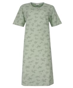 Tenora dames nachthemd in mintgroen met gebloemde print, korte mouwen en knoopsluiting bij de hals