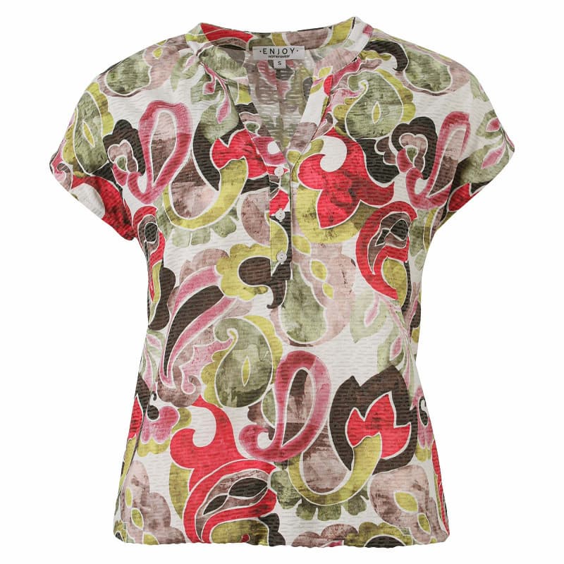 Enjoy dames top in groen en bruin met all-over print, elastische zoom en kapmouwen