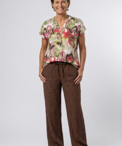 Enjoy dames top in groen en bruin met all-over print, elastische zoom en kapmouwen
