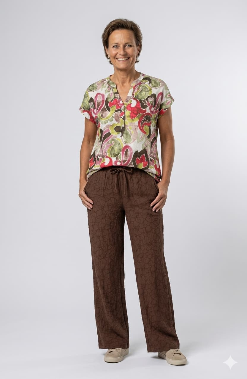 Enjoy dames top in groen en bruin met all-over print, elastische zoom en kapmouwen
