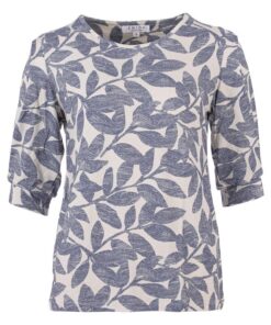 Enjoy dames shirt met jeansblauwe bladerenprint, ronde hals en driekwart pofmouwen