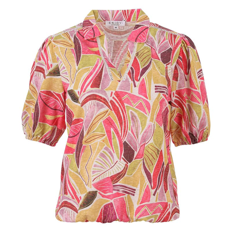 Enjoy dames poloshirt in roze met vrolijke zomerprint, v-hals en polokraag