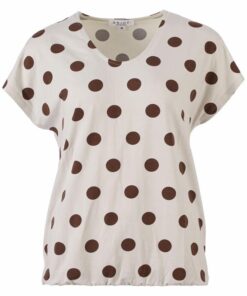Ivoorkleurig Enjoy blouson shirt met bruine stippenprint, ronde hals, kapmouwtjes en elastische zoom
