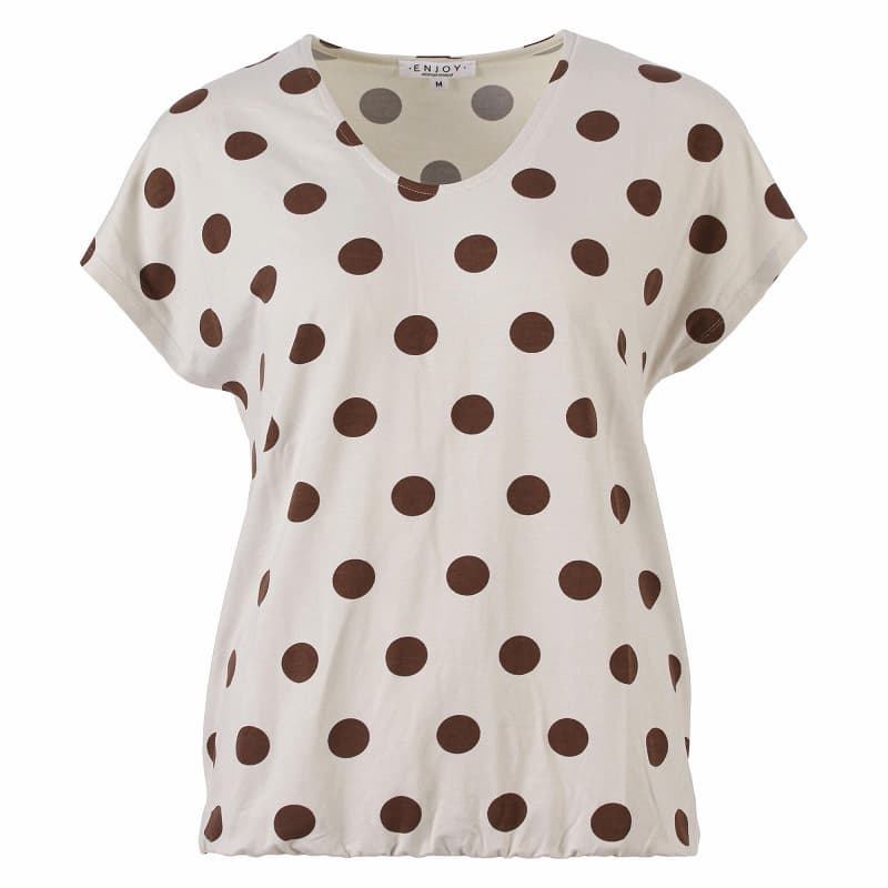 Ivoorkleurig Enjoy blouson shirt met bruine stippenprint, ronde hals, kapmouwtjes en elastische zoom