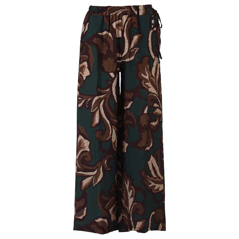 Enjoy Damesbroek Wide Leg Botanische Print Bottle Green