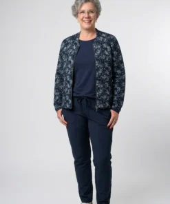 Dreamstar dames jasje Andrea met ritssluiting en bladeren dessin in de kleur indigo mix model1