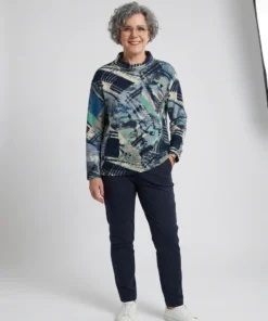 Barbara Lebek dames trui met ribbelstructuur en losse colkraag in blauw turquoise melange model1
