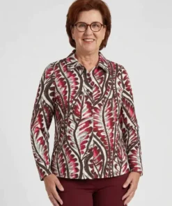 Barbara Lebek dames bouclé vest met knoopsluiting en ronde hals in de kleur berry bordeauxrood model