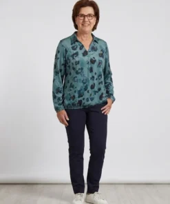 Sensia dames poloshirt Bobbie fluweelzacht met petrol dessin en elastische zoom model2