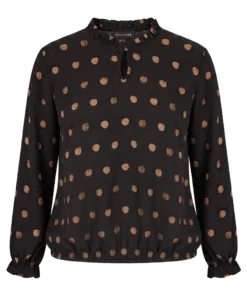 Signature dames blouson met bronzen polkadots, rucheskraag en elastische zoom in het zwart