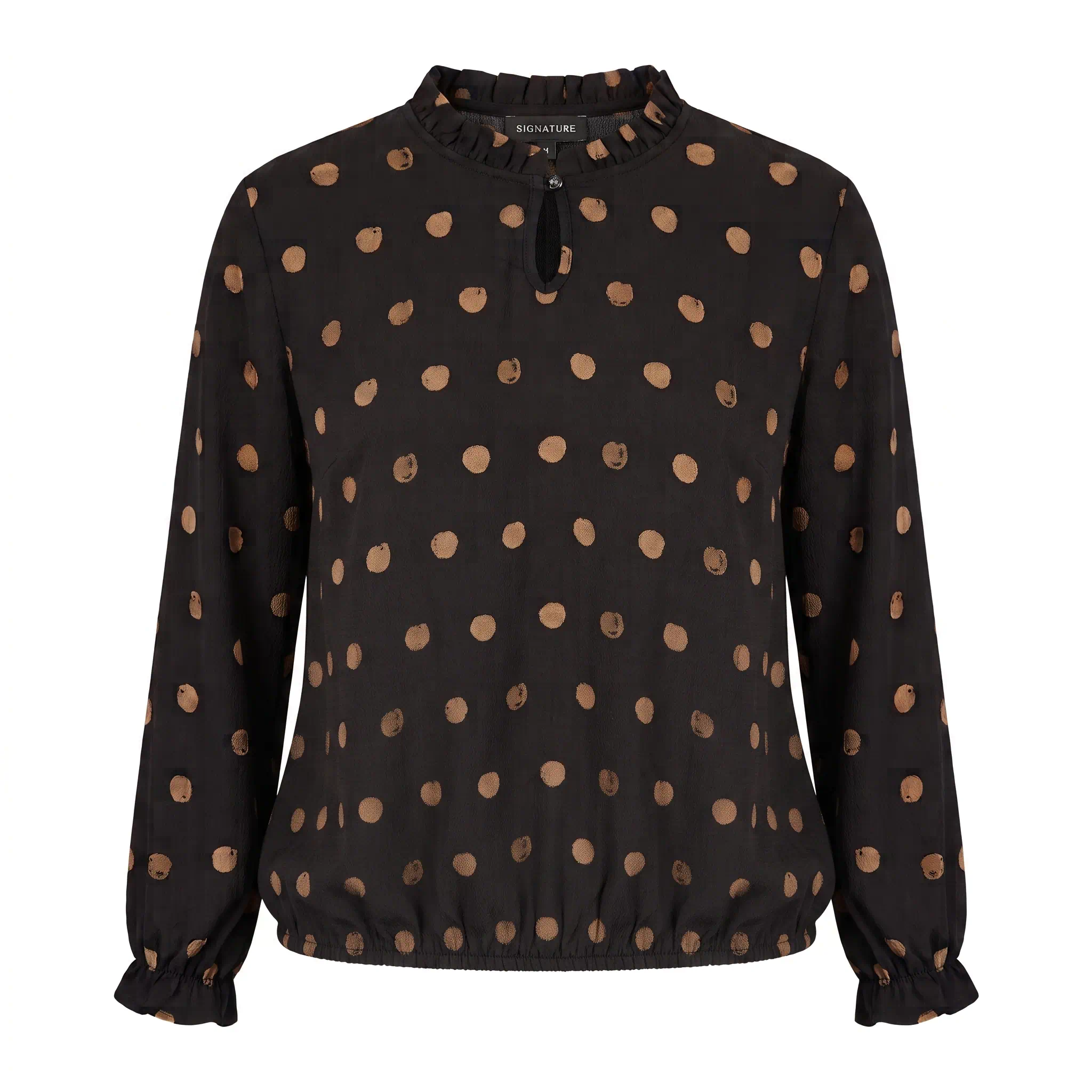Signature dames blouson met bronzen polkadots, rucheskraag en elastische zoom in het zwart