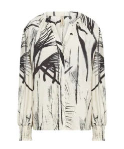 Soyaconcept dames blouse SC-Gopi 1 met zwart-wit abstract dessin, V-hals en gesmokte manchetten