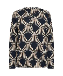 Soyaconcept dames blouson Felicity met geometrisch patroon in donkerblauw en zand met elastische zoom