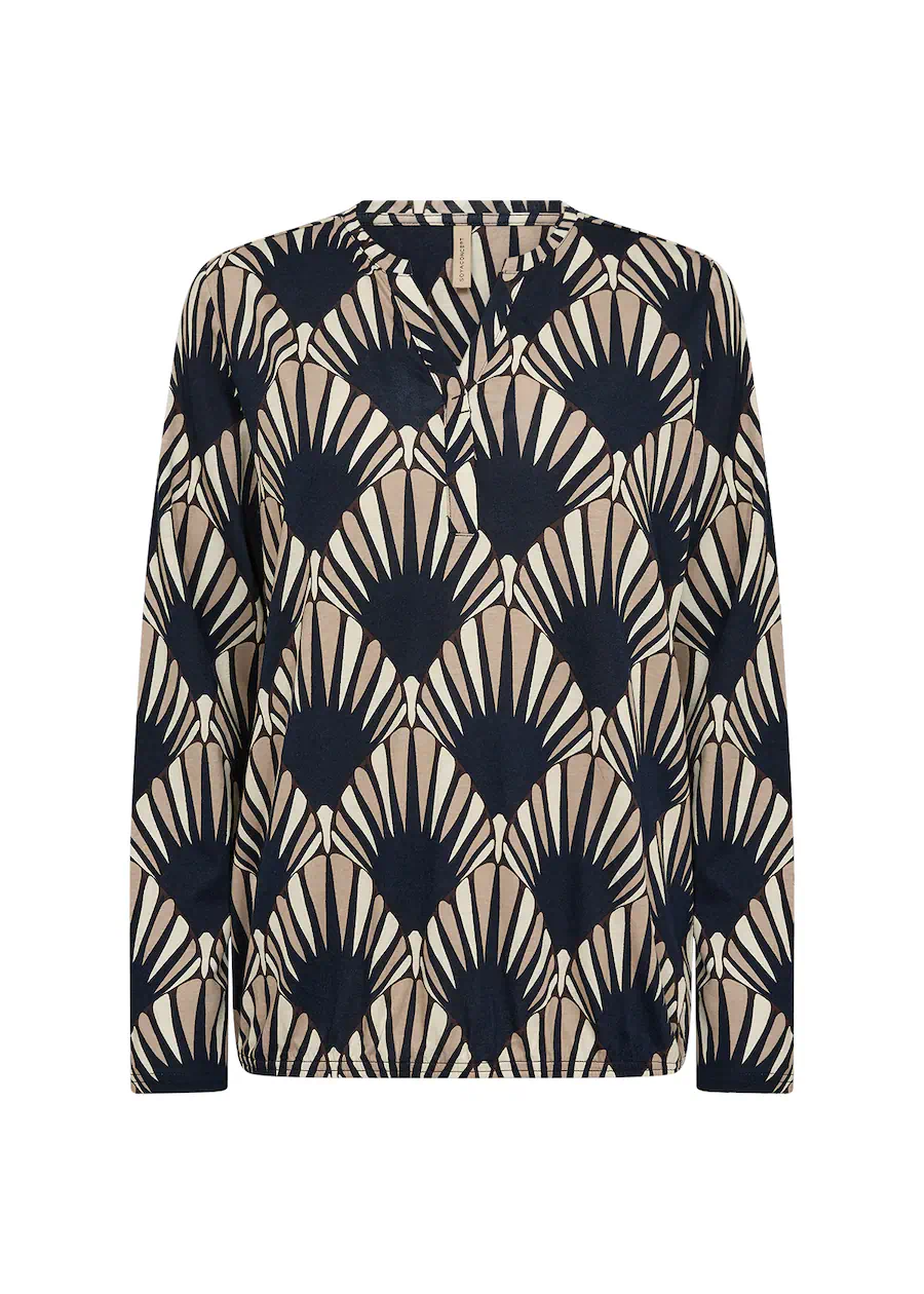 Soyaconcept dames blouson Felicity met geometrisch patroon in donkerblauw en zand met elastische zoom