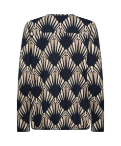 Soyaconcept dames blouson Felicity met geometrisch patroon in donkerblauw en zand met elastische zoom