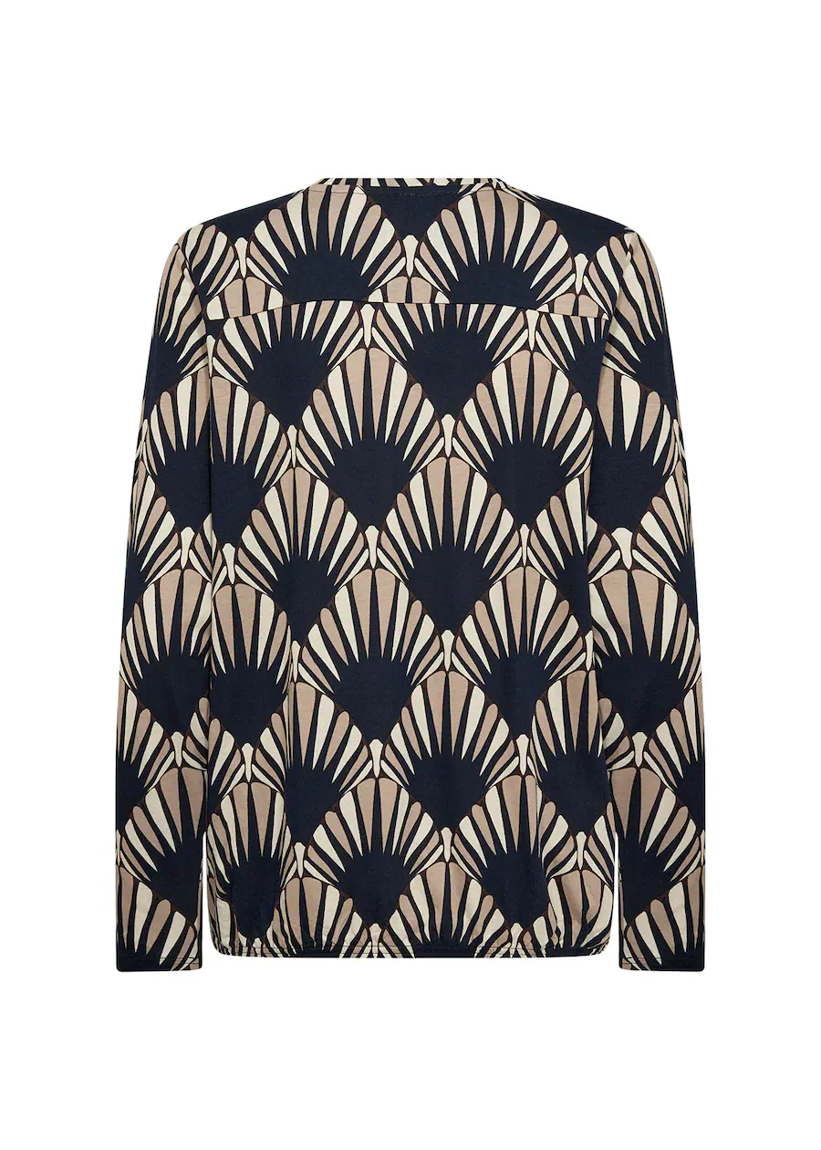 Soyaconcept dames blouson Felicity met geometrisch patroon in donkerblauw en zand met elastische zoom