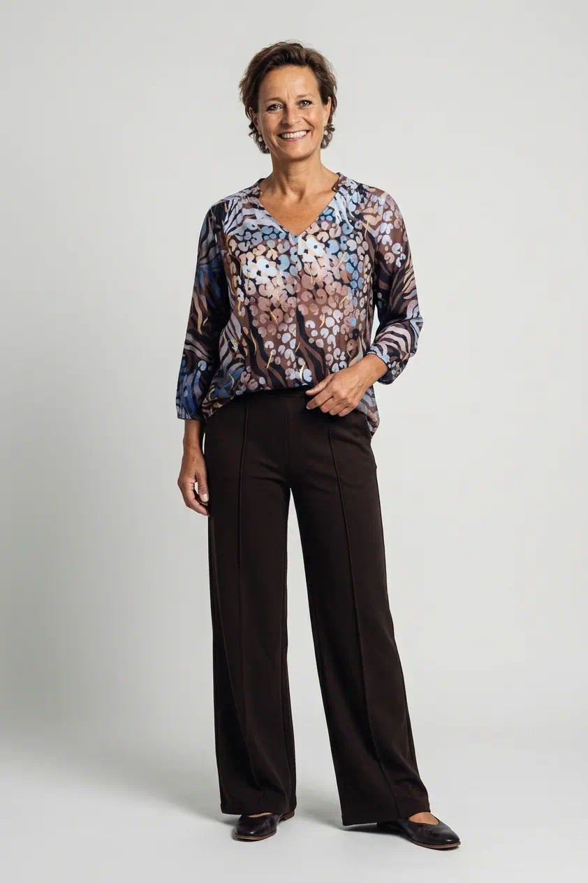 Enjoy dames wide leg pantalon met doorgestikte naad en elastische band in het donkerbruin