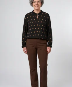 Signature dames blouson met bronzen polkadots, rucheskraag en elastische zoom in het zwart model1