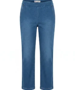 Sensia dames stretch instap jeans model Comfi met wijde pijpen en elastische tailleband in denimblauw