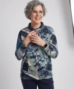 Barbara Lebek dames trui met ribbelstructuur en losse colkraag in blauw turquoise melange model