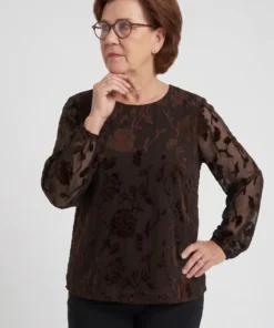 Enjoy dames blouse met ballonmouwen en transparante stof in donkerbruin model1