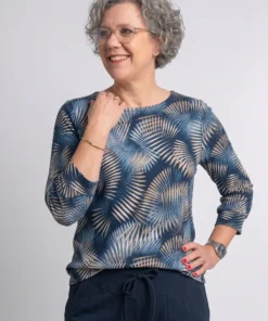 Dreamstar dames blouson Kawai met blauw waaiermotief, driekwart mouwen en elastische zoom model