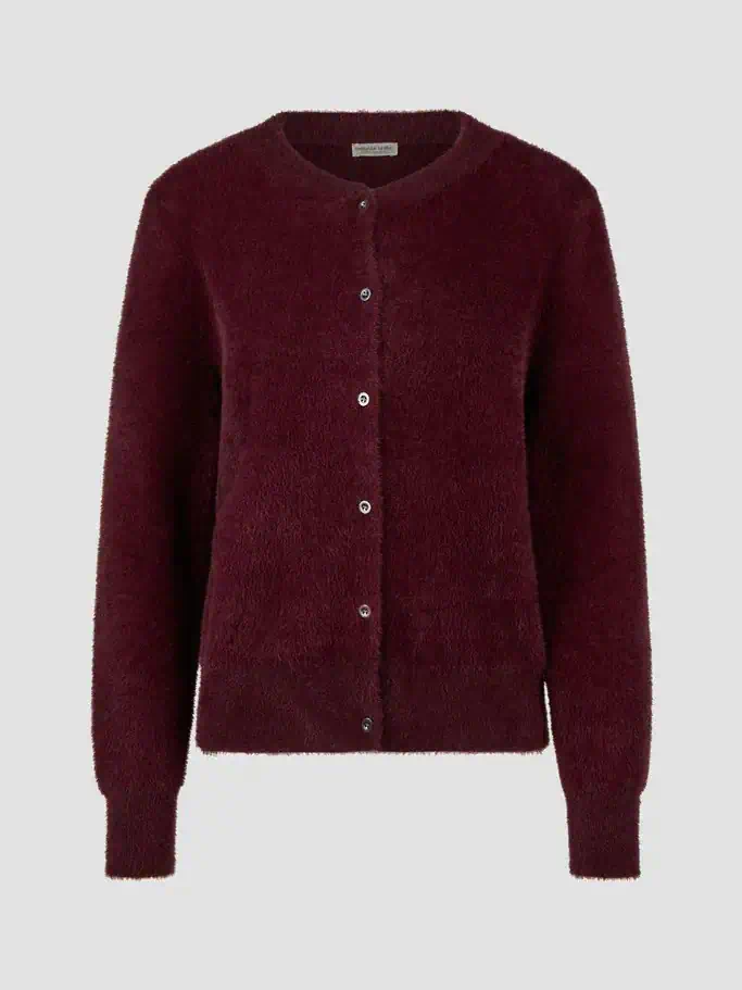 Barbara Lebek dames fluffy vest met knoopsluiting en ronde hals in de kleur berry bordeauxrood