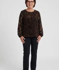 Enjoy dames blouse met ballonmouwen en transparante stof in donkerbruin model