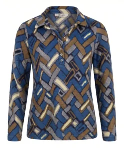 Sensia dames poloshirt model Poppy met grafisch dessin in marineblauw en camel fleecezachte stof