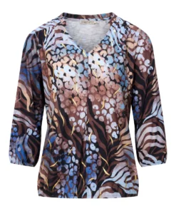 Dreamstar shirt Ploom met print in blauw en bruin, driekwart mouw en elastische zoo