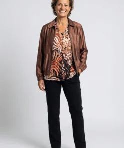 Dreamstar dames shirt Ploom met terracotta print, V-hals, driekwart mouwen en elastische zoom (model1)