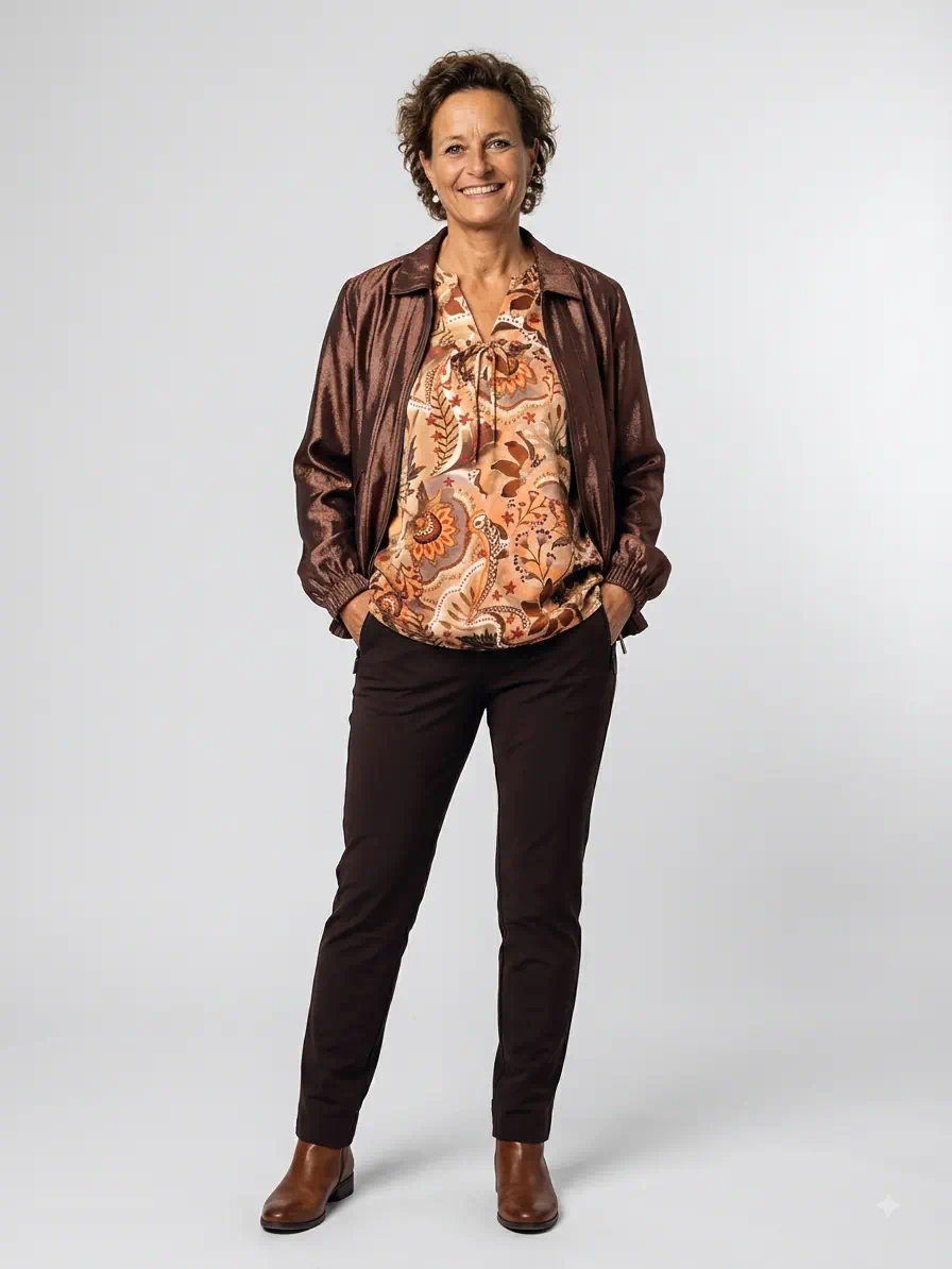 Dreamstar dames travel broek Benny slim fit met taillekoord in de kleur cacao bruin (model1)