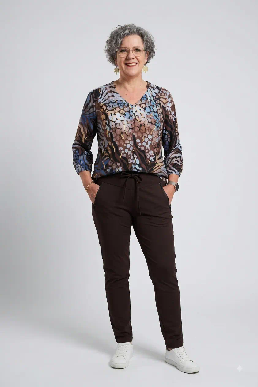 Dreamstar dames travel broek Benny slim fit met taillekoord in de kleur cacao bruin (model)