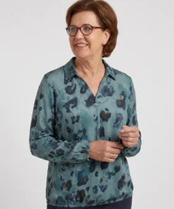 Sensia dames poloshirt Bobbie fluweelzacht met petrol dessin en elastische zoom model