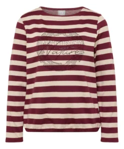 Merlot-rood met ecru gestreepte Rabe dames blouson met lange mouwen, een ronde hals, een elastische zoom en een ronde opdruk met strass-steentjes