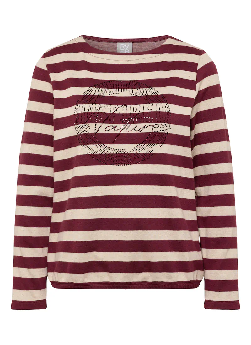 Merlot-rood met ecru gestreepte Rabe dames blouson met lange mouwen, een ronde hals, een elastische zoom en een ronde opdruk met strass-steentjes