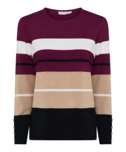 Gestreepte dames trui van Micha in pruimpaars, beige, wit en zwart met ronde hals en goudkleurige knoopjes op de mouwen op een witte achtergrond.