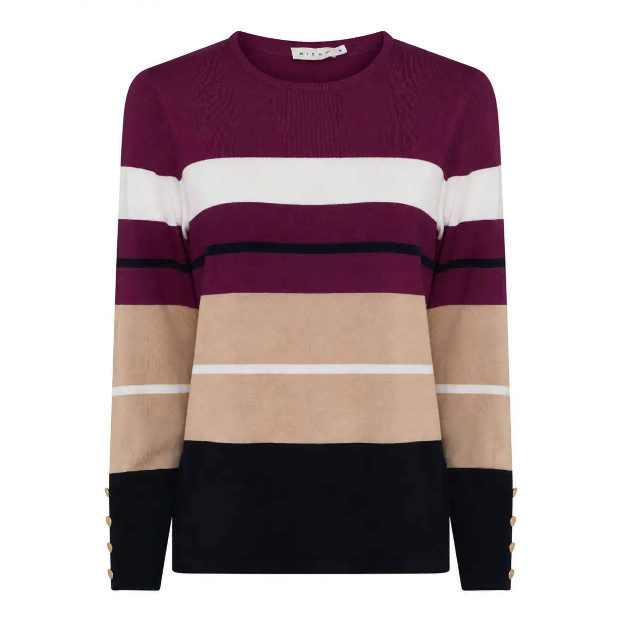 Gestreepte dames trui van Micha in pruimpaars, beige, wit en zwart met ronde hals en goudkleurige knoopjes op de mouwen op een witte achtergrond.
