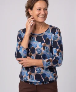 Dreamstar shirt Ploom met print in blauw en bruin, driekwart mouw en elastische zoom
