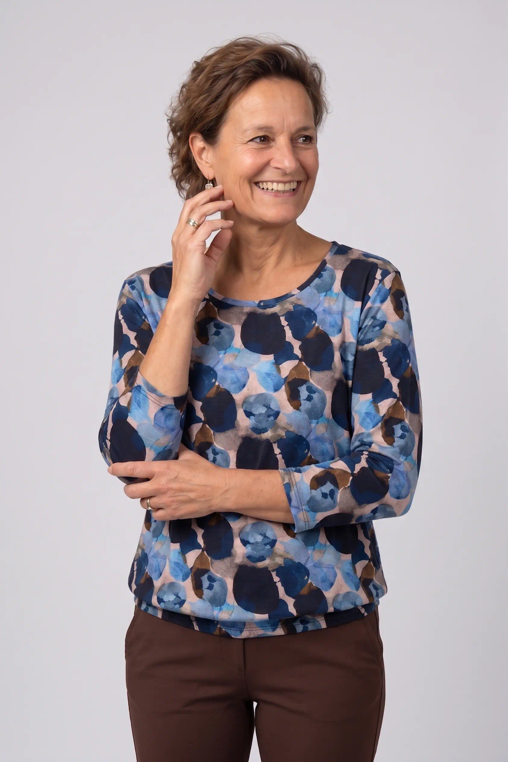 Dreamstar shirt Ploom met print in blauw en bruin, driekwart mouw en elastische zoom