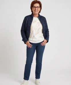 Micha dames jack donkerblauw licht gewatteerd met gouden ritssluiting en zakken model1