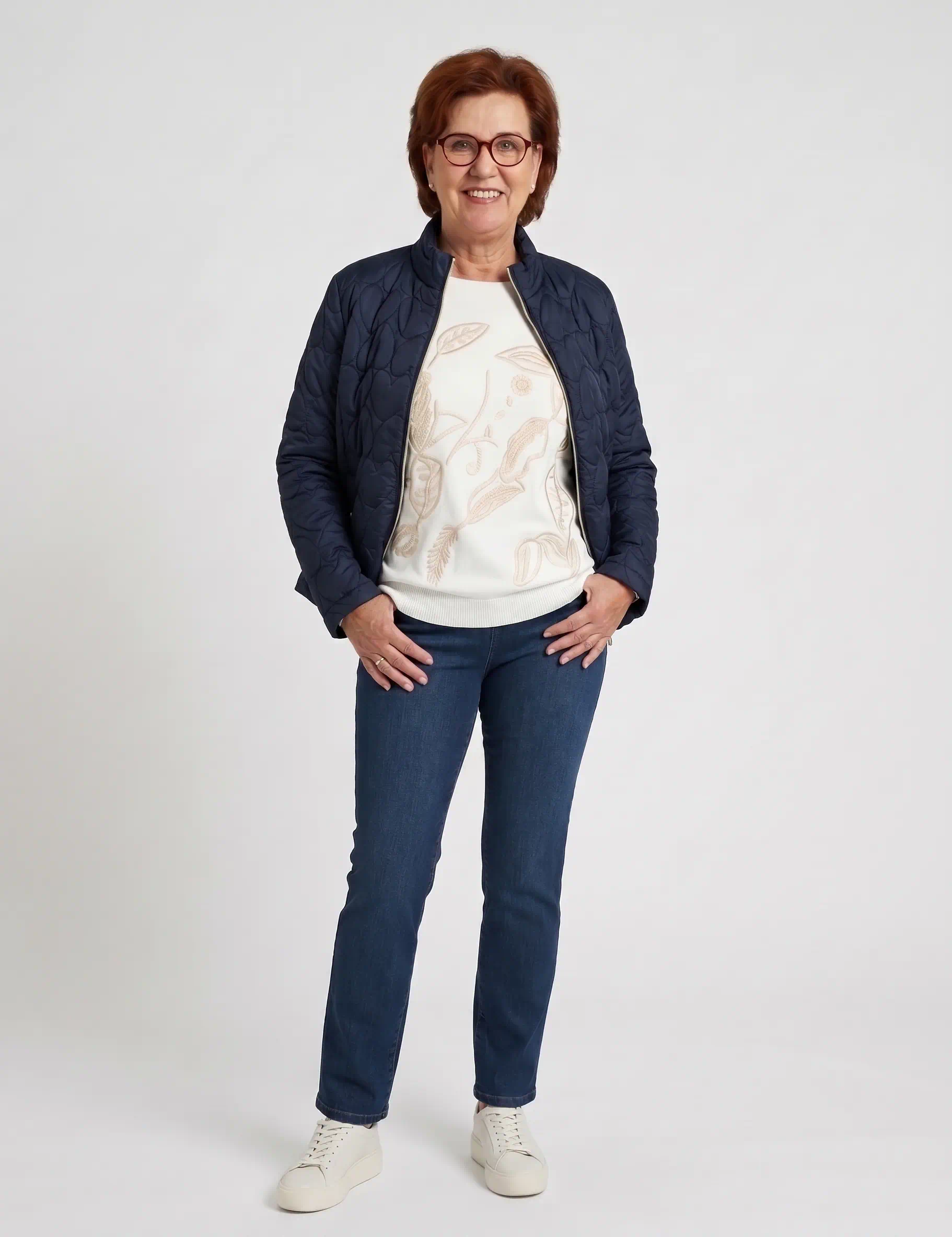 Micha dames jack donkerblauw licht gewatteerd met gouden ritssluiting en zakken model1
