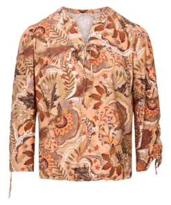 Dreamstar dames blouse Skyler met motief, driekwart mouw en elastische zoom in terracotta