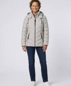Barbara Lebek dames winterjas gewatteerd met afneembare capuchon en deelbare rits in lichtgrijs model