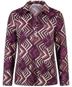 Sensia dames poloshirt Poppy met geometrisch dessin, fleecezachte stof en polokraag in paars taupe
