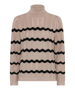 Taupe dames coltrui van Micha met een zwart zigzagpatroon, verticaal ajour breisel en een omslagcol op een witte achtergrond.