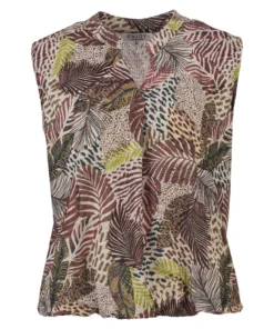 Mouwloze taupe damestop van Enjoy met een kleurrijke botanische bladerenprint, een v-hals en een elastische boord aan de onderkant op een witte achtergrond.